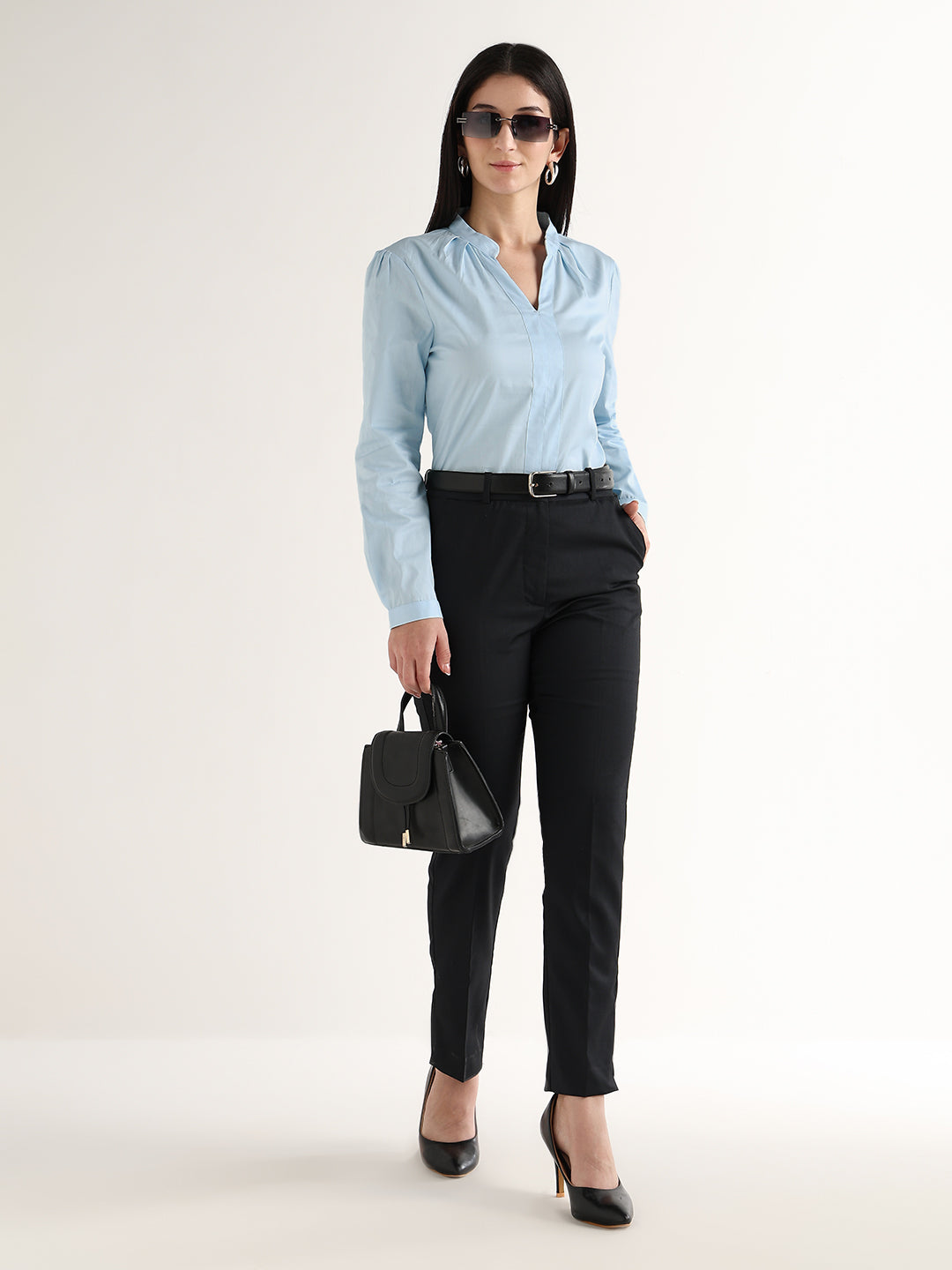 Hancock   Women   Sky Blue   Solids   Pure Cotton   Regular Fit   Formal   Top