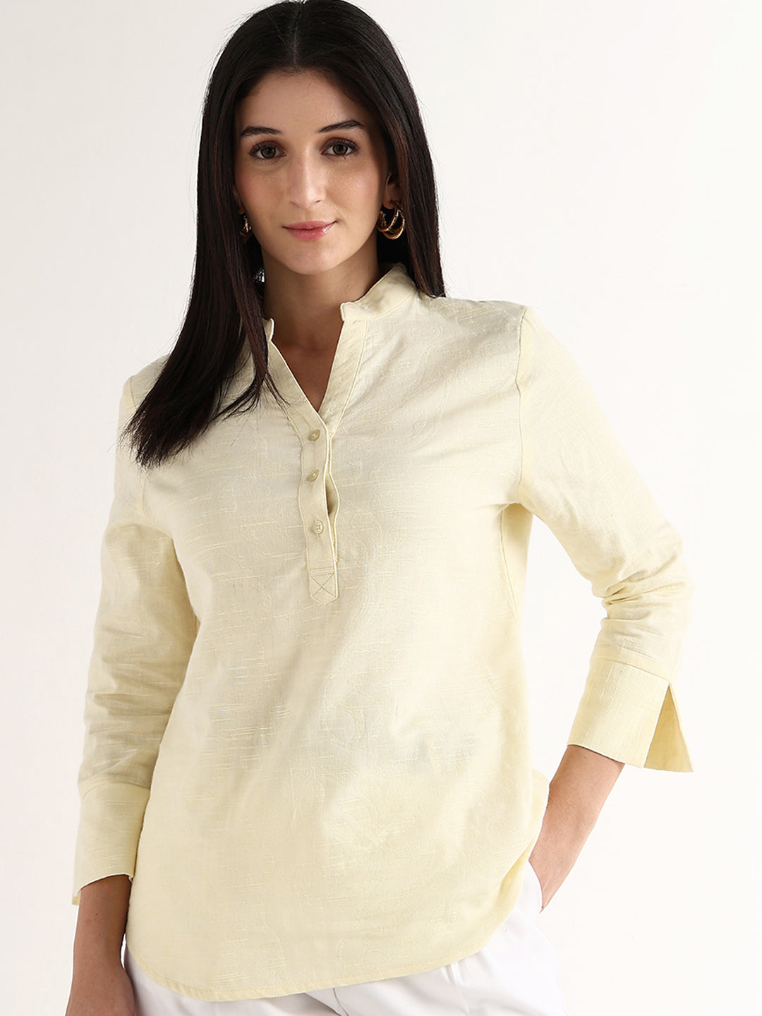 Hancock   Women   Yellow   Solid Self Design   Pure Cotton   Regular Fit   Formal   Top