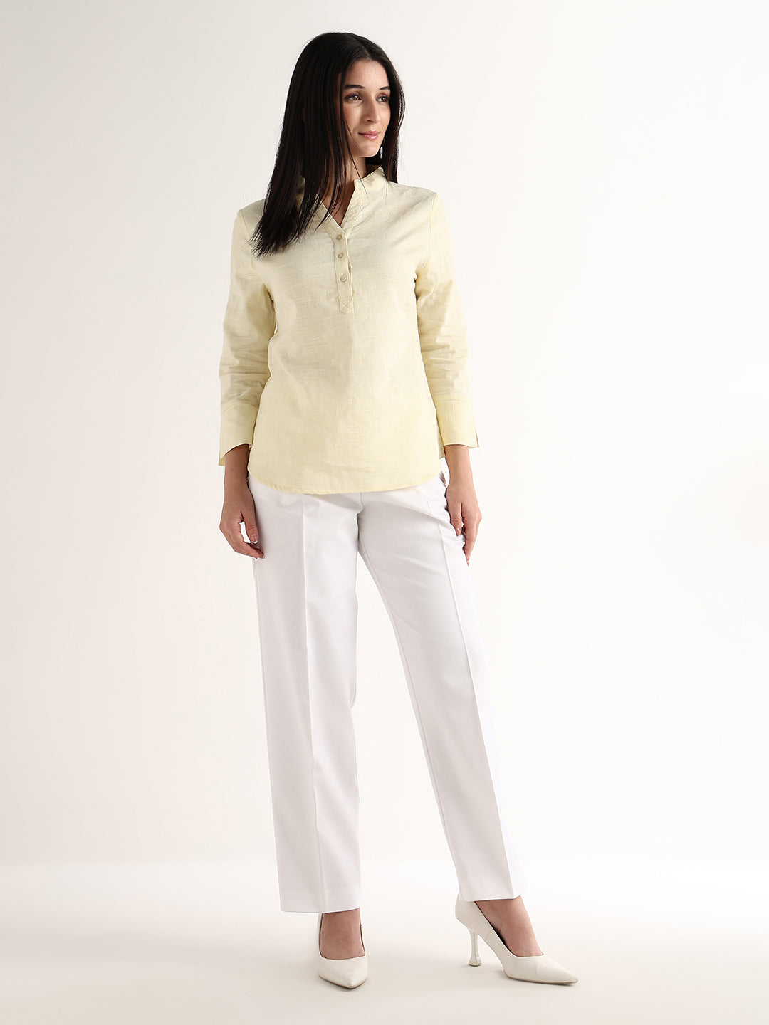Hancock   Women   Yellow   Solid Self Design   Pure Cotton   Regular Fit   Formal   Top