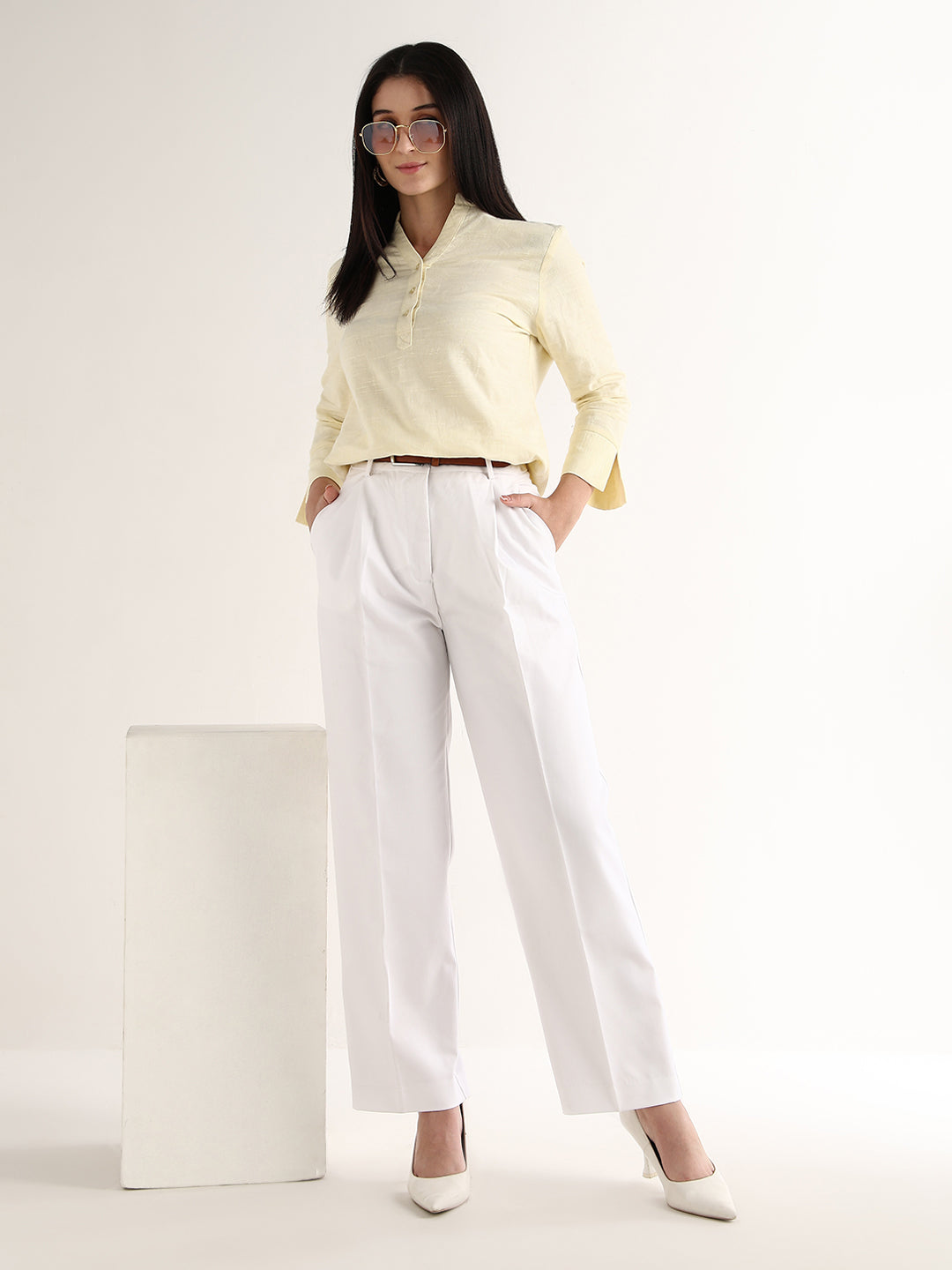 Hancock   Women   Yellow   Solid Self Design   Pure Cotton   Regular Fit   Formal   Top
