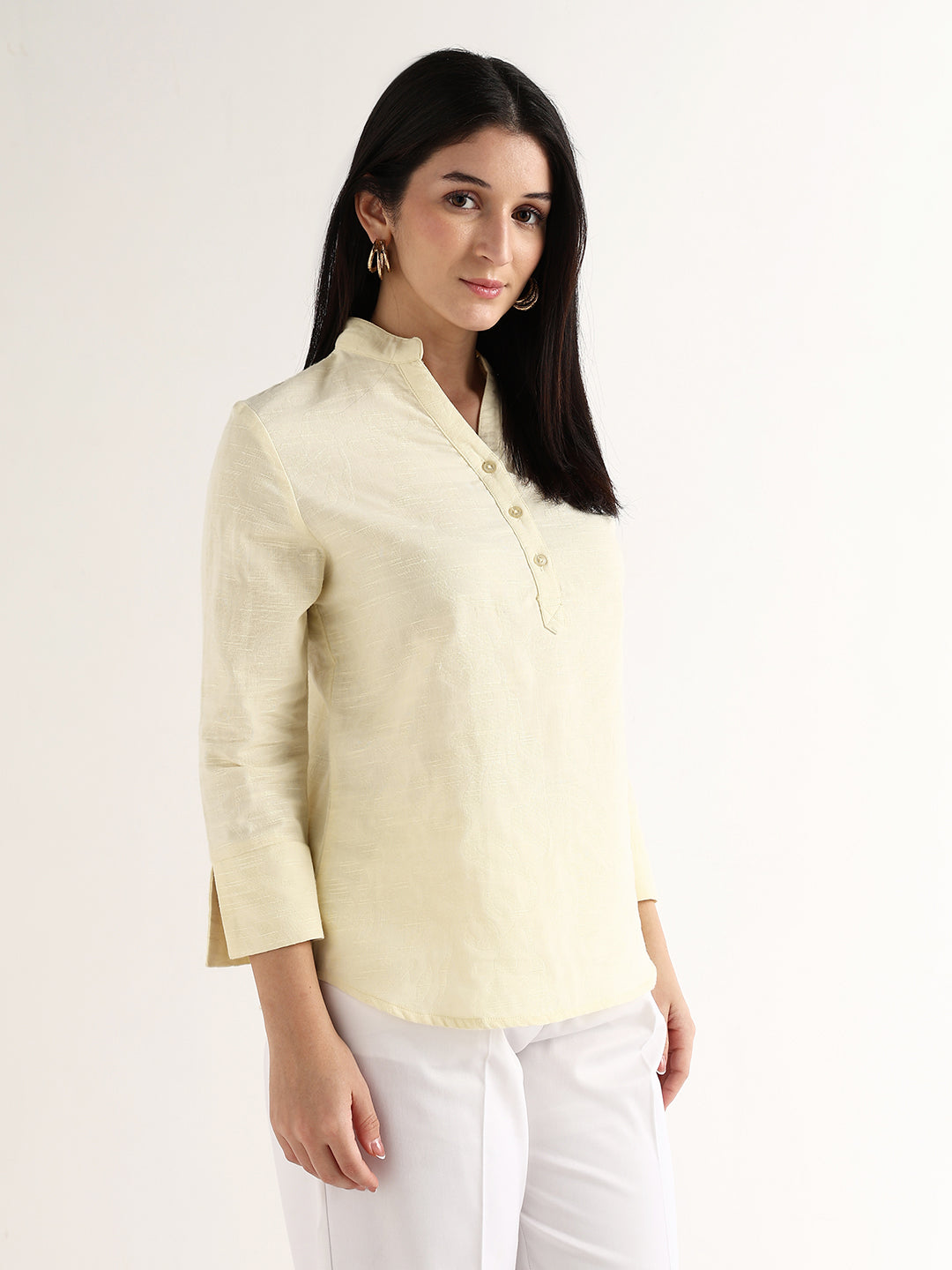 Hancock   Women   Yellow   Solid Self Design   Pure Cotton   Regular Fit   Formal   Top