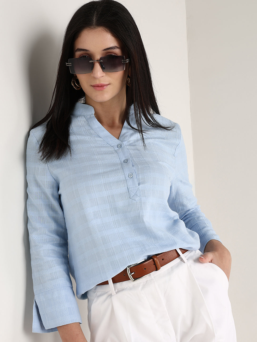 Hancock   Women   Sky Blue   Solid Self Design   Pure Cotton   Regular Fit   Formal   Top