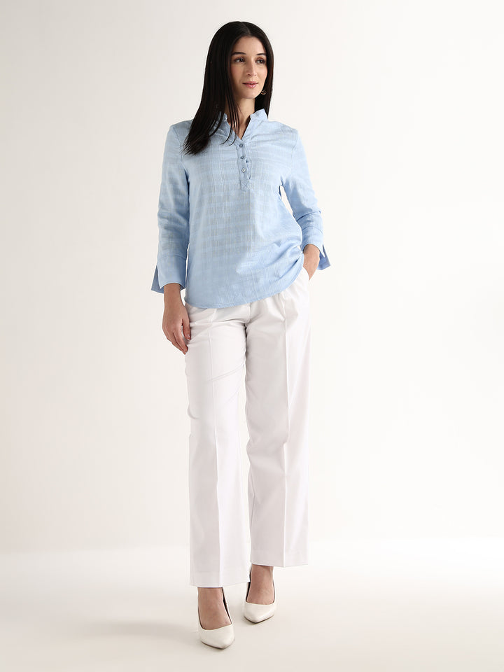 Hancock   Women   Sky Blue   Solid Self Design   Pure Cotton   Regular Fit   Formal   Top