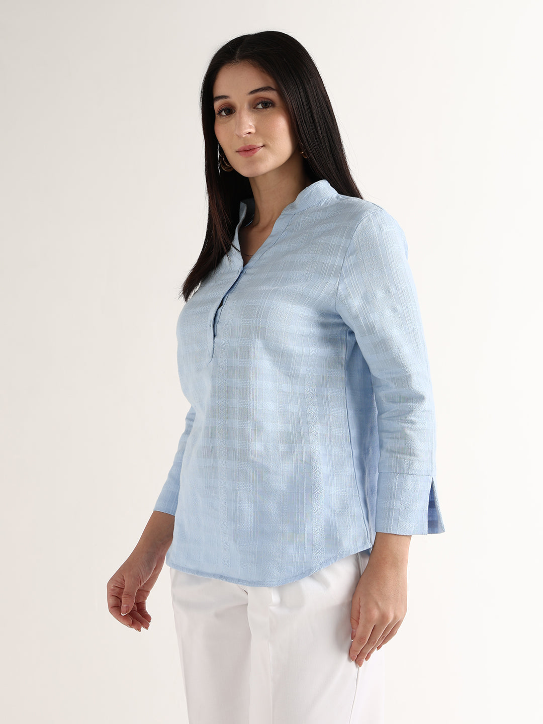 Hancock   Women   Sky Blue   Solid Self Design   Pure Cotton   Regular Fit   Formal   Top
