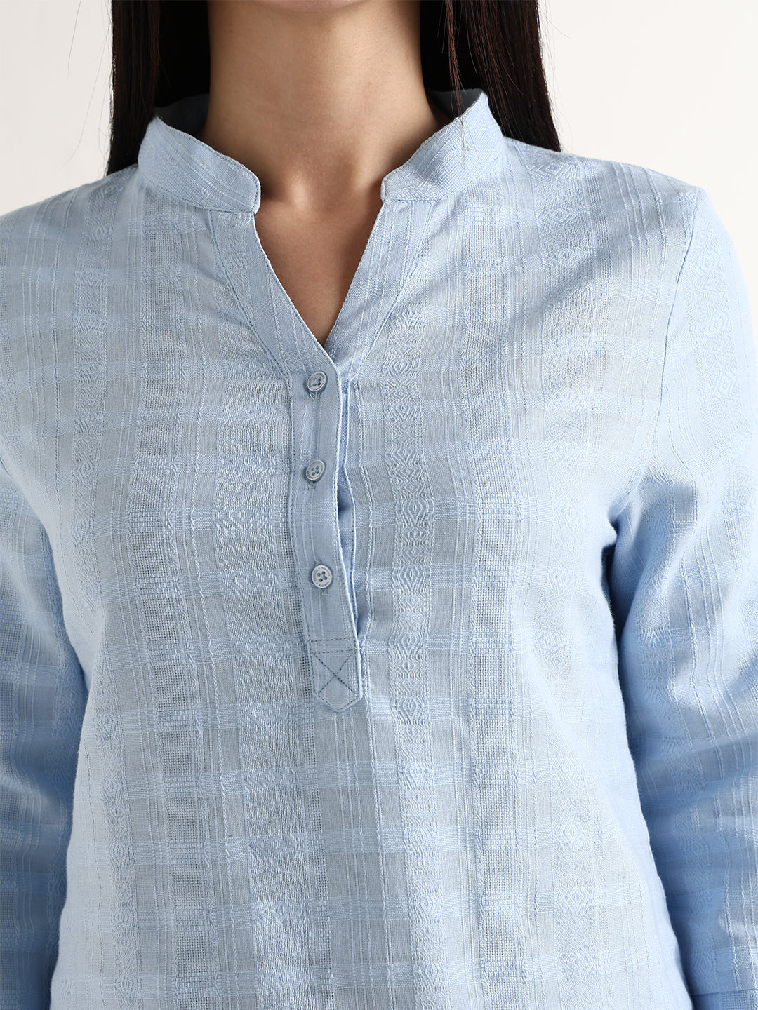 Hancock   Women   Sky Blue   Solid Self Design   Pure Cotton   Regular Fit   Formal   Top