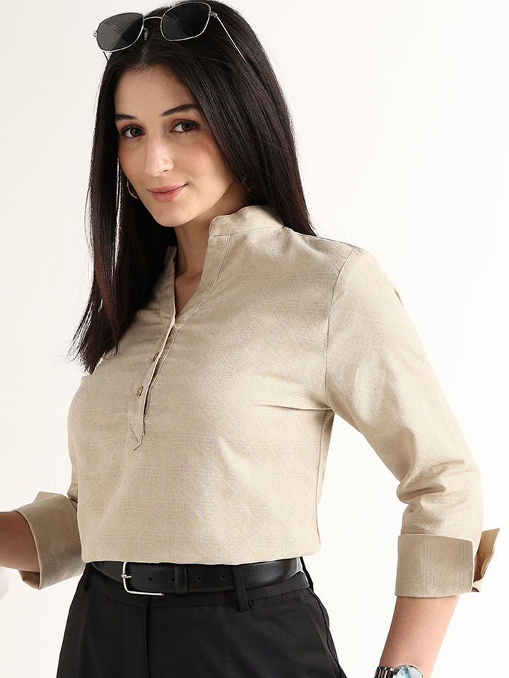 Hancock   Women   Beige   Solid Self Design   Pure Cotton   Regular Fit   Formal   Top