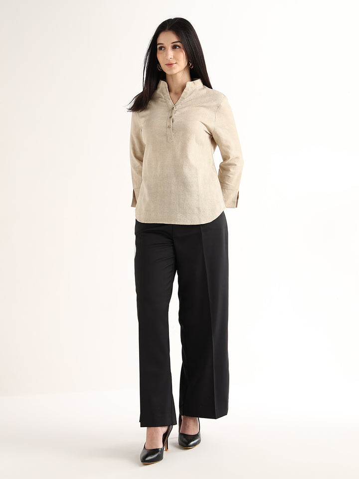 Hancock   Women   Beige   Solid Self Design   Pure Cotton   Regular Fit   Formal   Top