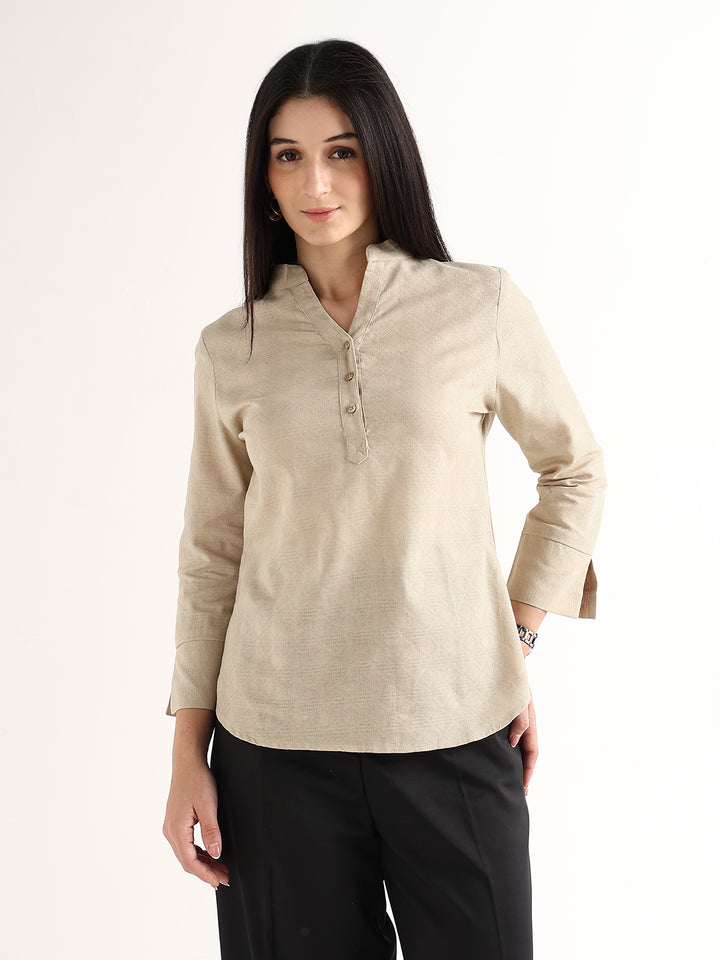 Hancock   Women   Beige   Solid Self Design   Pure Cotton   Regular Fit   Formal   Top