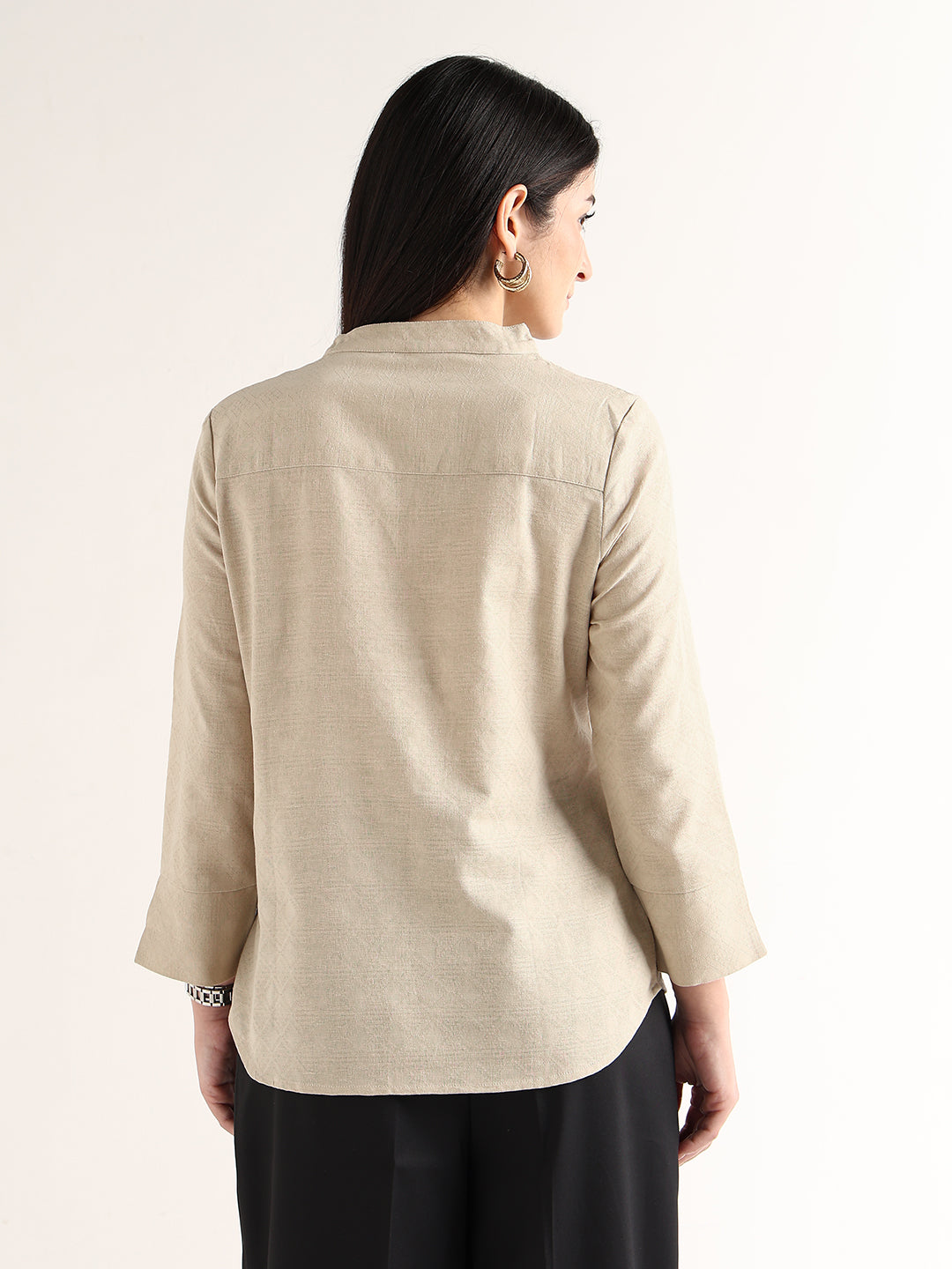 Hancock   Women   Beige   Solid Self Design   Pure Cotton   Regular Fit   Formal   Top