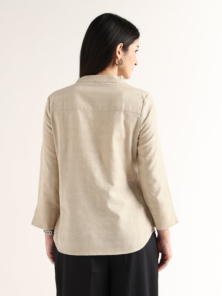 Hancock   Women   Beige   Solid Self Design   Pure Cotton   Regular Fit   Formal   Top