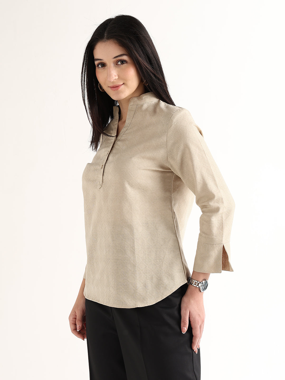 Hancock   Women   Beige   Solid Self Design   Pure Cotton   Regular Fit   Formal   Top