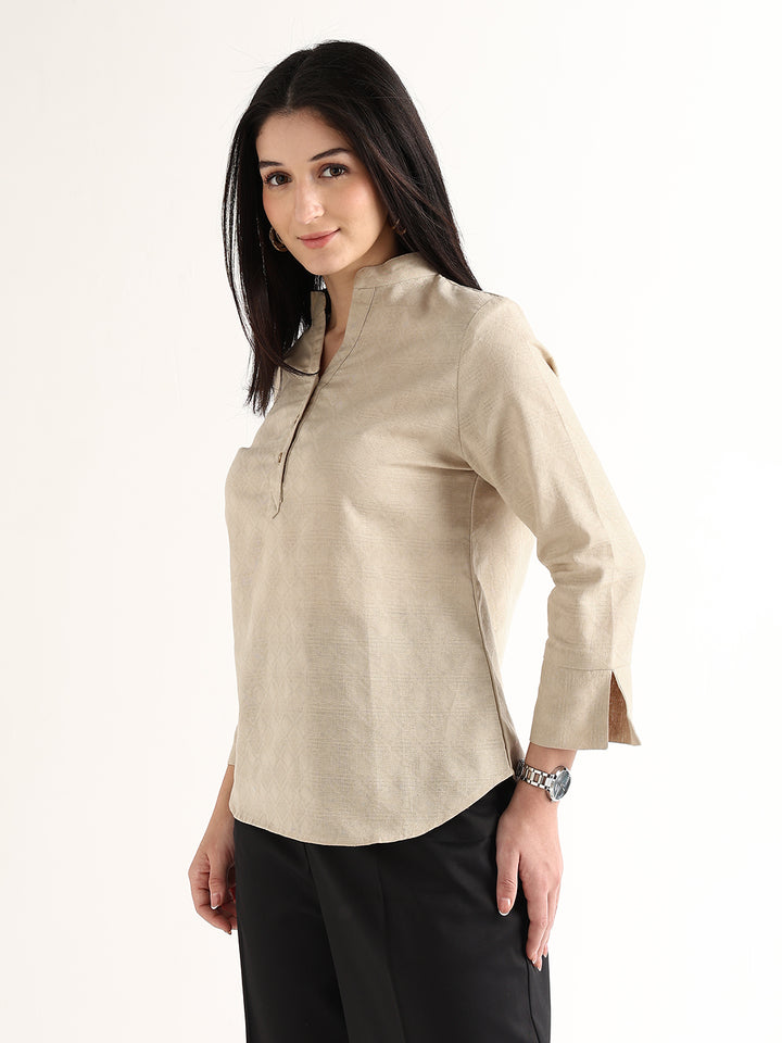 Hancock   Women   Beige   Solid Self Design   Pure Cotton   Regular Fit   Formal   Top
