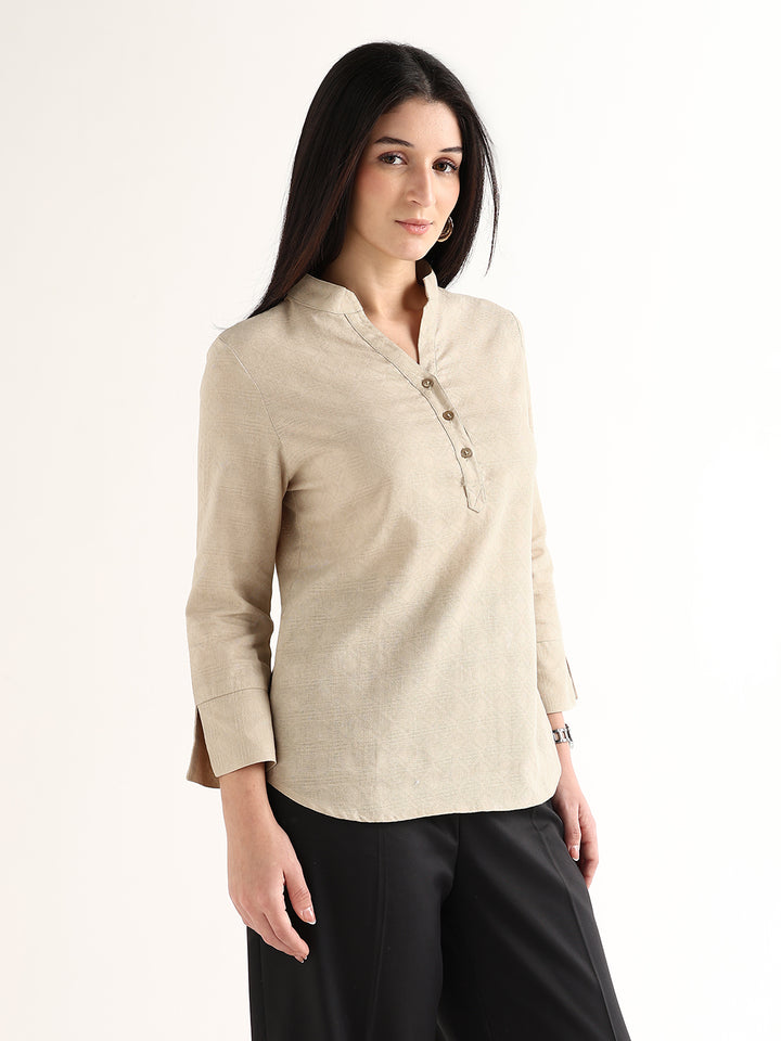 Hancock   Women   Beige   Solid Self Design   Pure Cotton   Regular Fit   Formal   Top