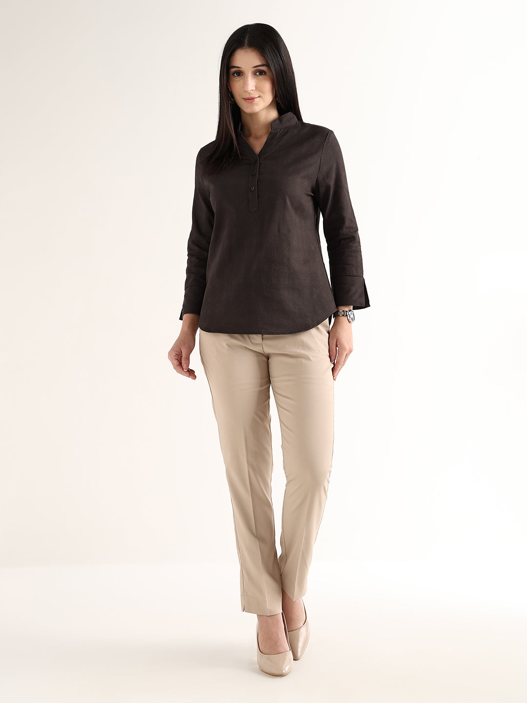 Hancock   Women   Brown   Solid Self Design   Pure Cotton   Regular Fit   Formal   Top