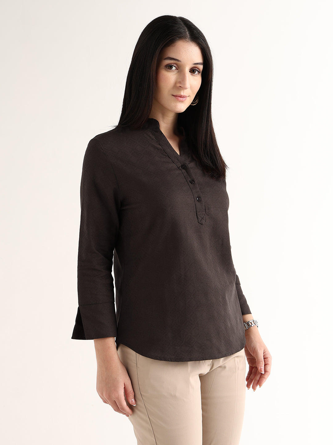 Hancock   Women   Brown   Solid Self Design   Pure Cotton   Regular Fit   Formal   Top