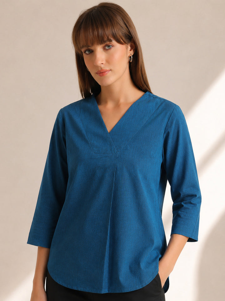 Hancock   Women   Turquoise   Solids   Pure Cotton   Regular Fit   Formal   Top