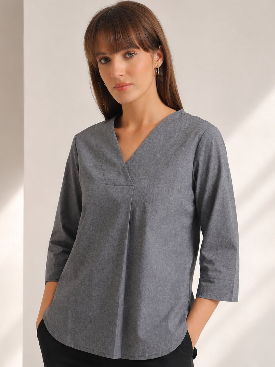 Hancock   Women   Grey   Solids   Pure Cotton   Regular Fit   Formal   Top