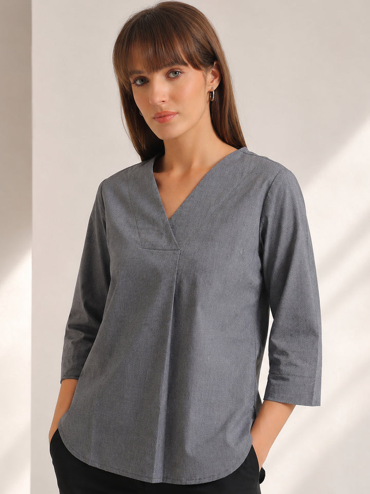 Hancock   Women   Grey   Solids   Pure Cotton   Regular Fit   Formal   Top