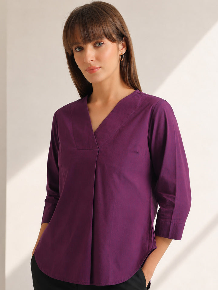 Hancock   Women   Purple   Solids   Pure Cotton   Regular Fit   Formal   Top