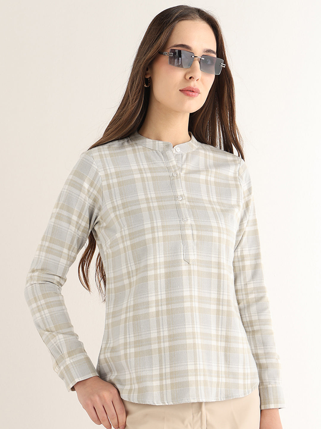 Hancock Women Beige Checked Pure Cotton Regular Fit Formal Top