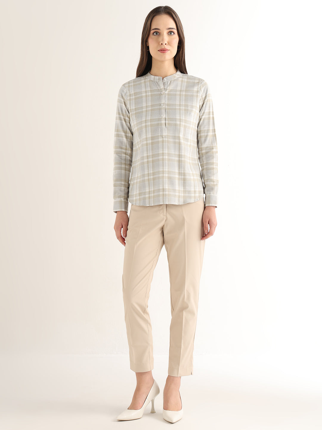 Hancock Women Beige Checked Pure Cotton Regular Fit Formal Top