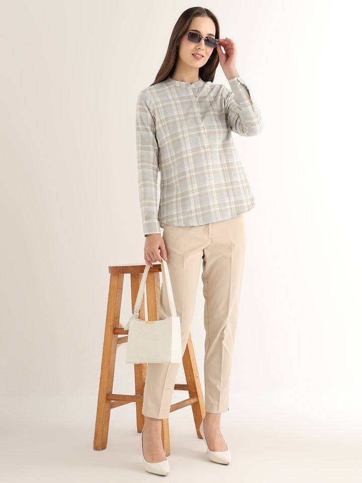 Hancock Women Beige Checked Pure Cotton Regular Fit Formal Top