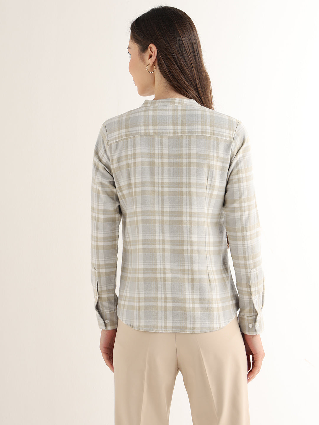 Hancock Women Beige Checked Pure Cotton Regular Fit Formal Top