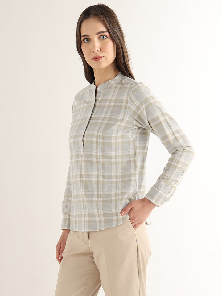 Hancock Women Beige Checked Pure Cotton Regular Fit Formal Top