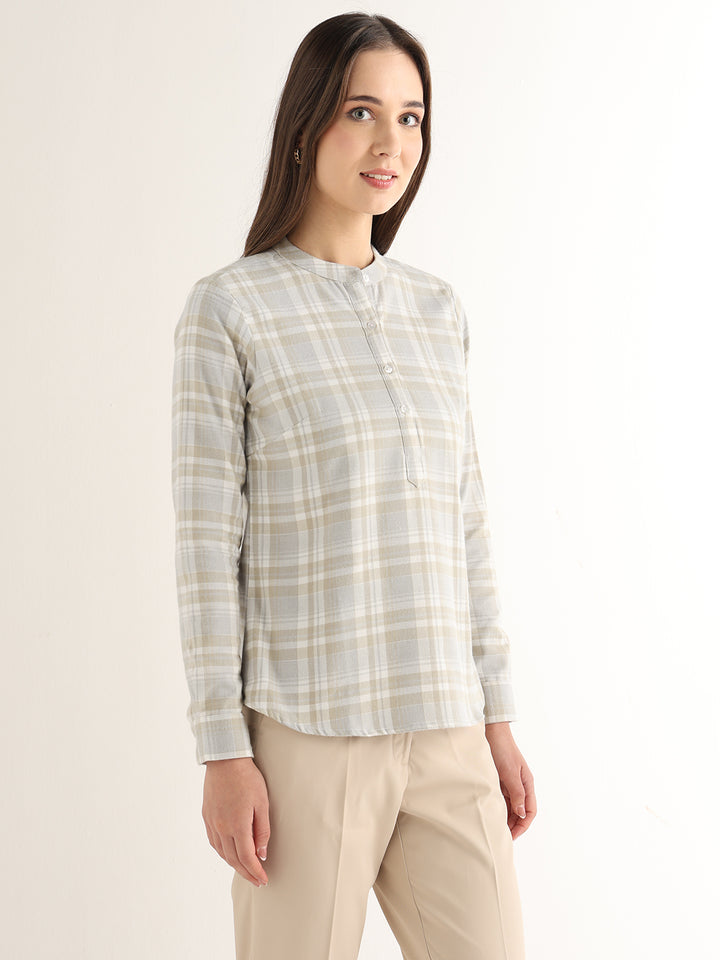 Hancock Women Beige Checked Pure Cotton Regular Fit Formal Top