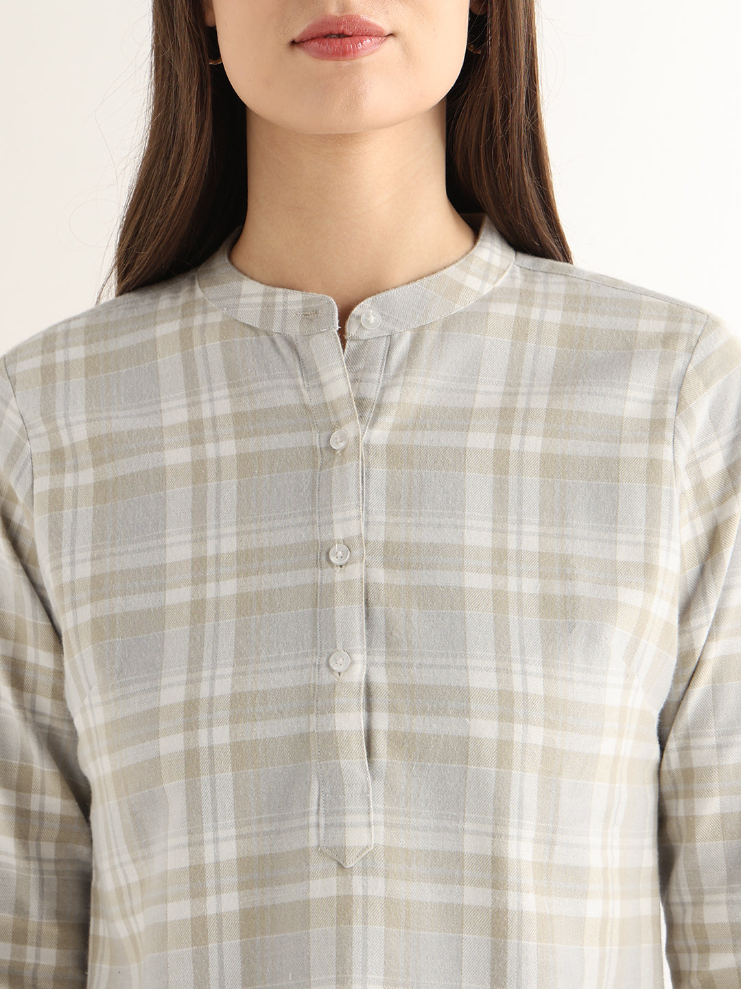 Hancock Women Beige Checked Pure Cotton Regular Fit Formal Top