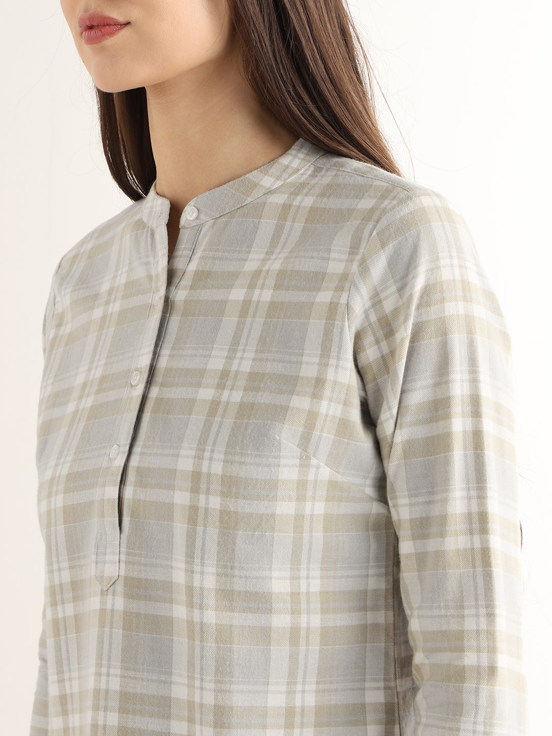 Hancock Women Beige Checked Pure Cotton Regular Fit Formal Top