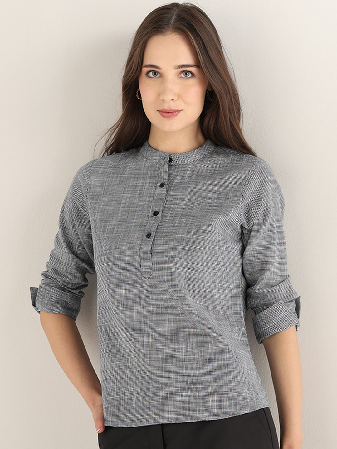 Hancock Women Black & White Solid Self Design Pure Cotton Regular Fit Formal Top