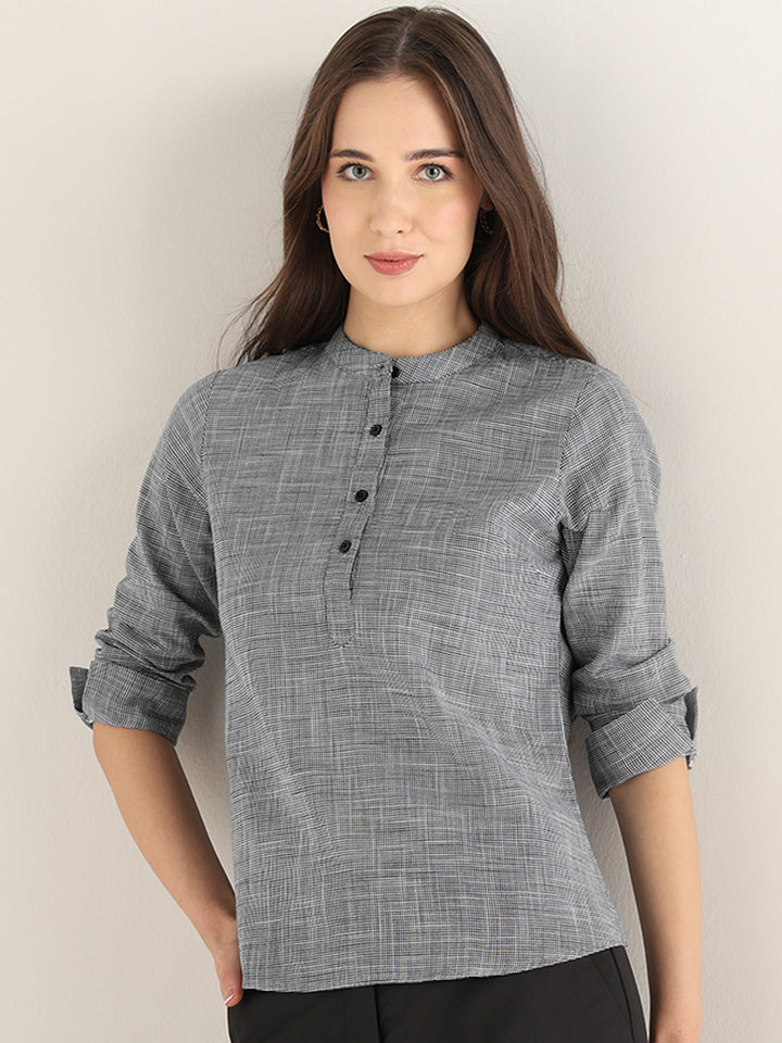 Hancock Women Black & White Solid Self Design Pure Cotton Regular Fit Formal Top