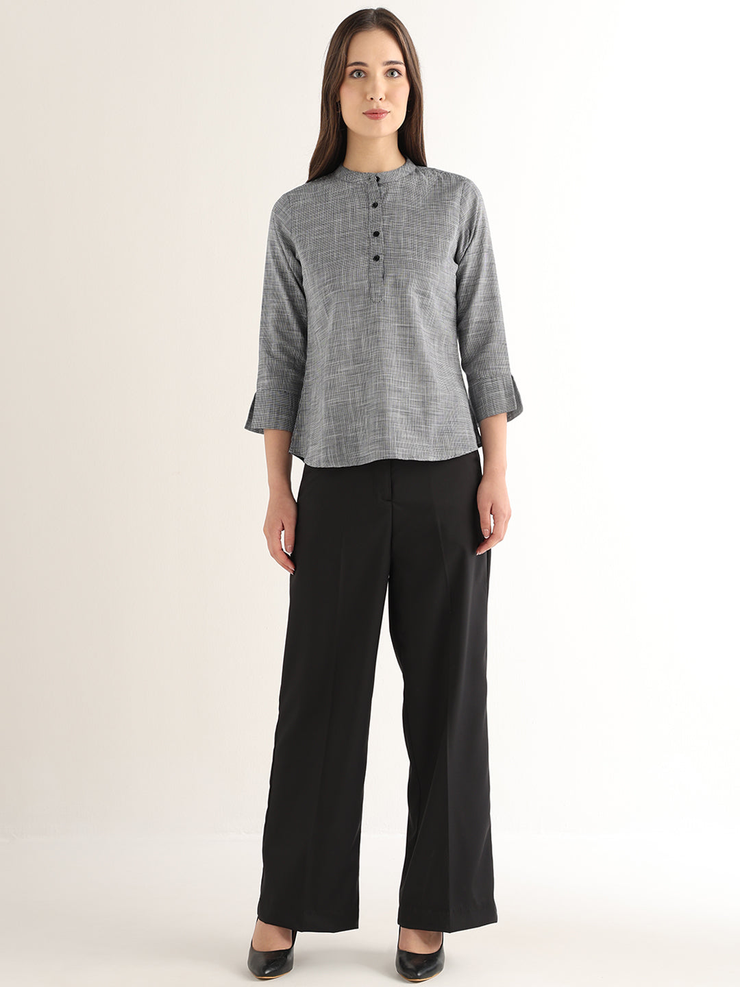 Hancock Women Black & White Solid Self Design Pure Cotton Regular Fit Formal Top