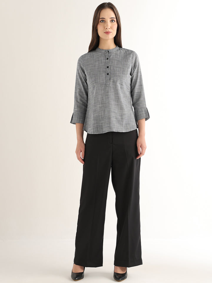 Hancock Women Black & White Solid Self Design Pure Cotton Regular Fit Formal Top