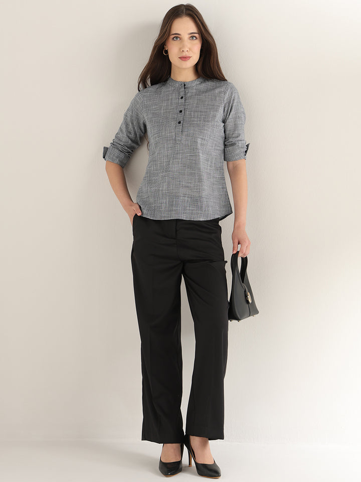 Hancock Women Black & White Solid Self Design Pure Cotton Regular Fit Formal Top