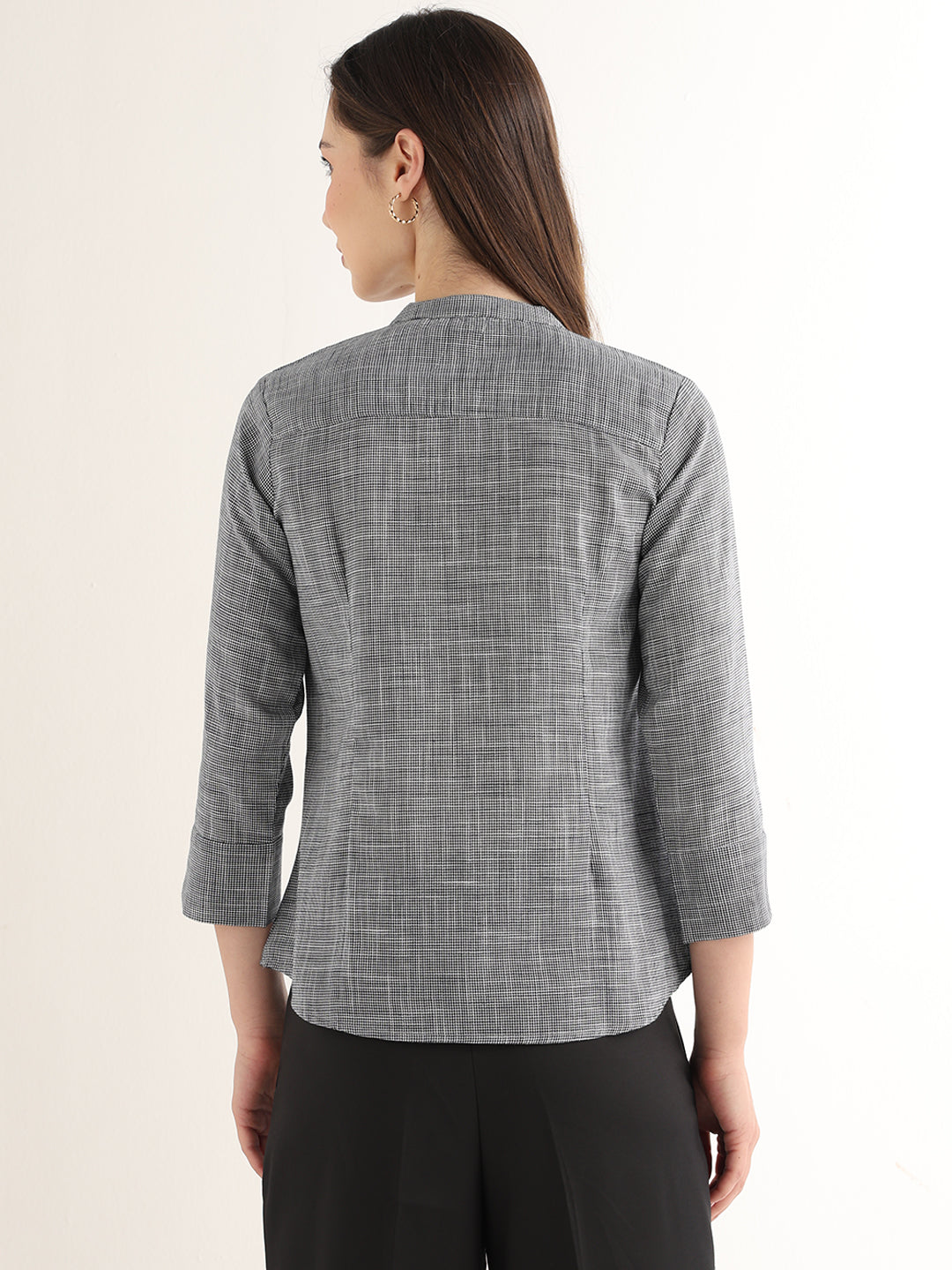 Hancock Women Black & White Solid Self Design Pure Cotton Regular Fit Formal Top
