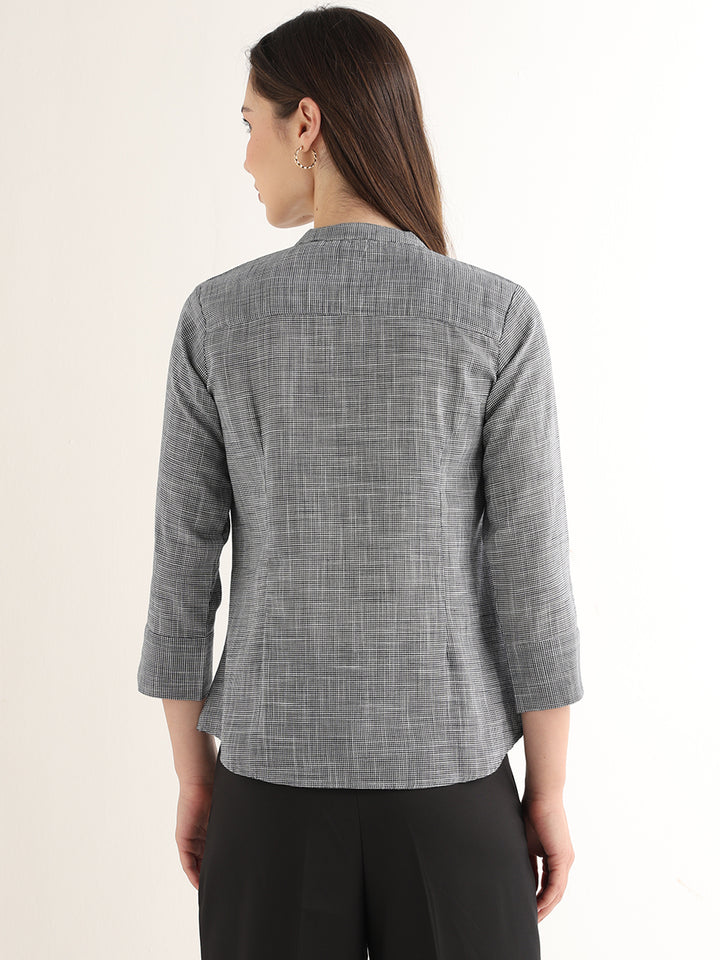 Hancock Women Black & White Solid Self Design Pure Cotton Regular Fit Formal Top