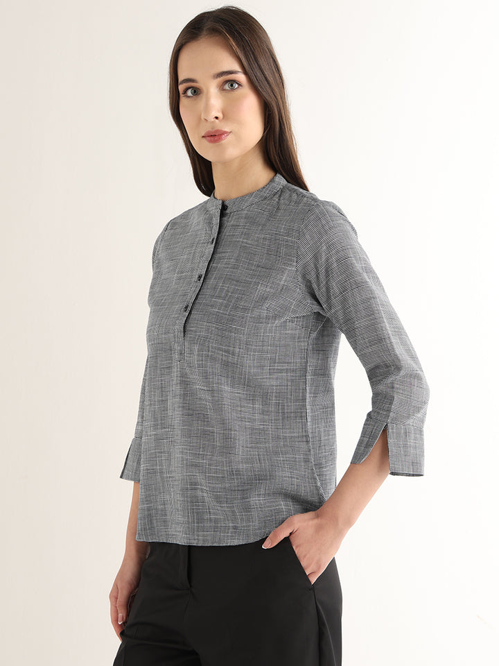 Hancock Women Black & White Solid Self Design Pure Cotton Regular Fit Formal Top