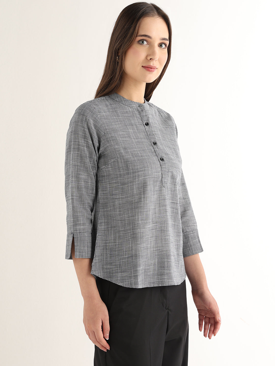 Hancock Women Black & White Solid Self Design Pure Cotton Regular Fit Formal Top