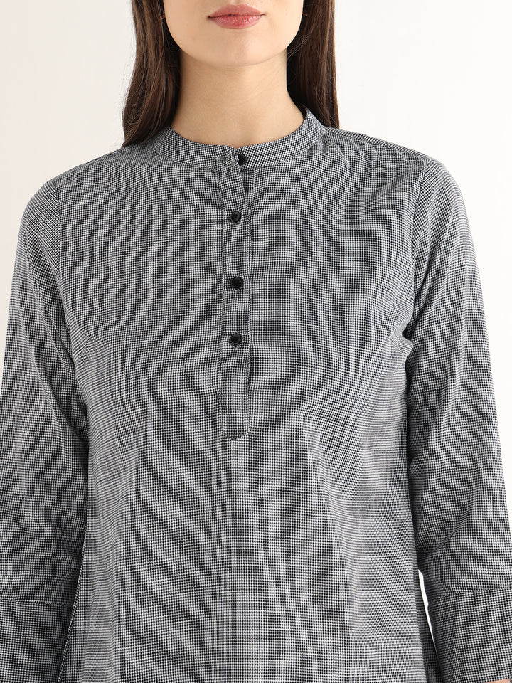 Hancock Women Black & White Solid Self Design Pure Cotton Regular Fit Formal Top
