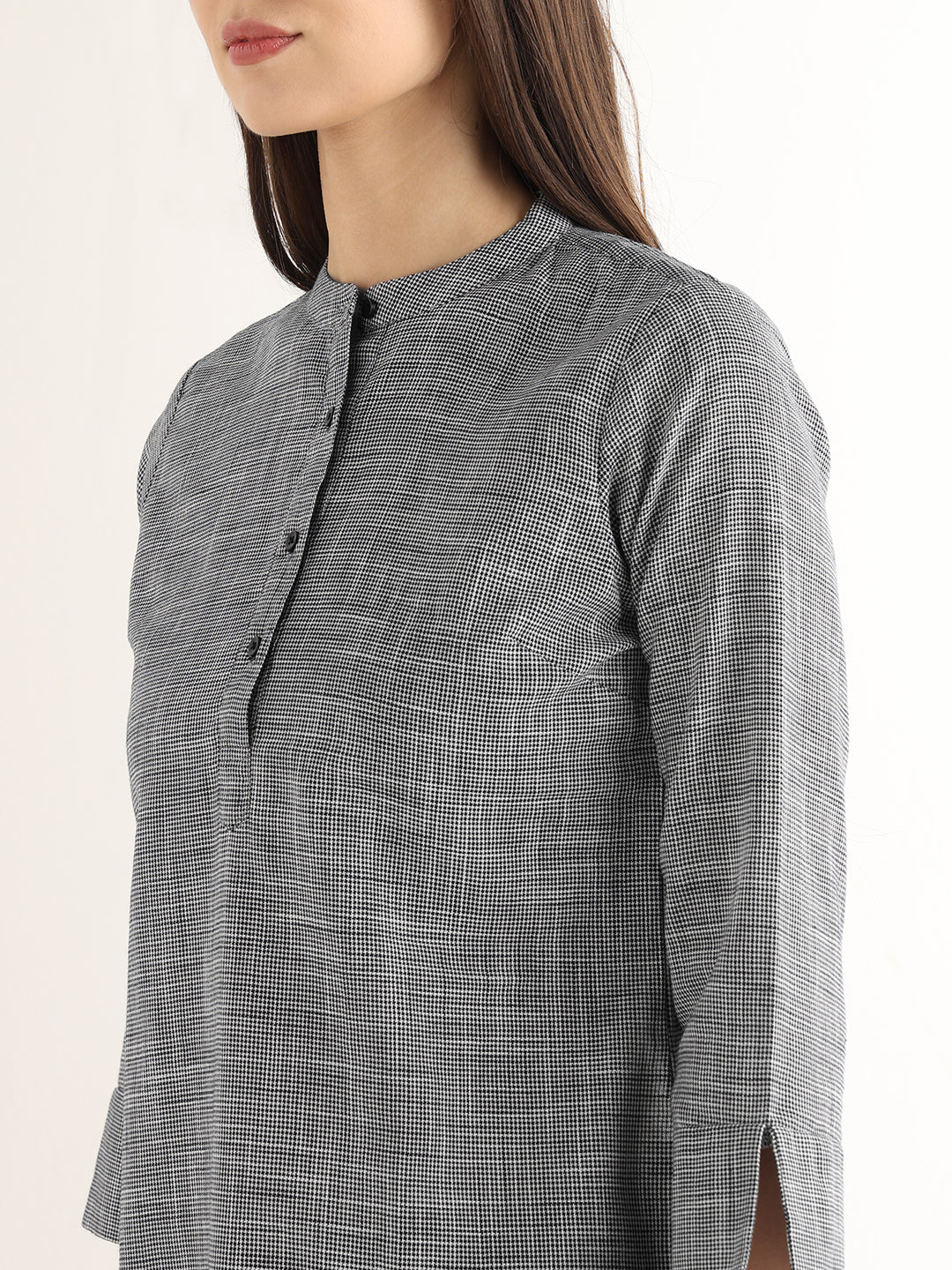 Hancock Women Black & White Solid Self Design Pure Cotton Regular Fit Formal Top