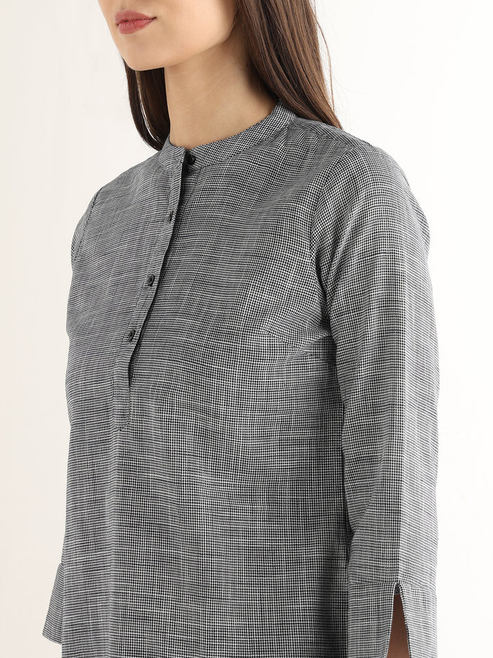 Hancock Women Black & White Solid Self Design Pure Cotton Regular Fit Formal Top