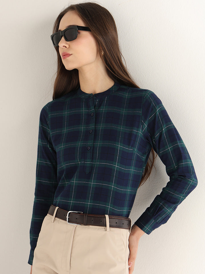 Hancock Women Navy Blue & Green Checked Pure Cotton Regular Fit Formal Top