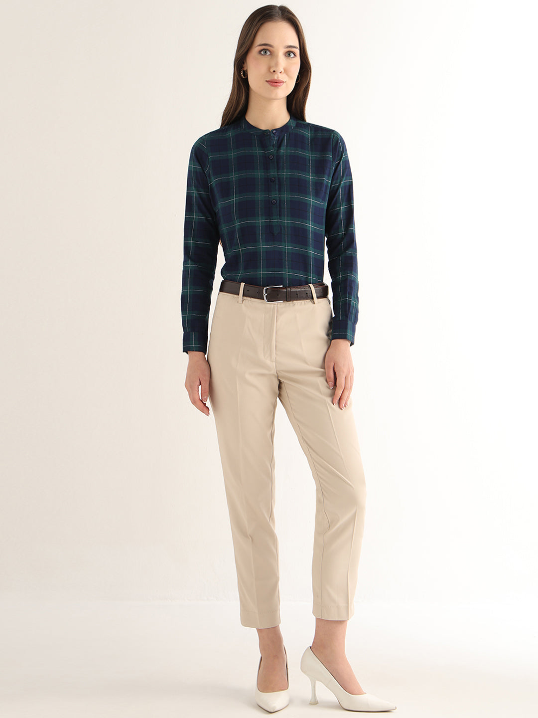 Hancock Women Navy Blue & Green Checked Pure Cotton Regular Fit Formal Top