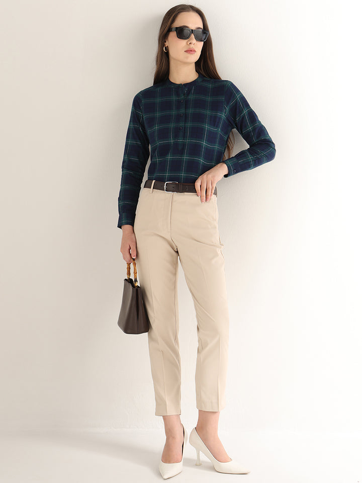 Hancock Women Navy Blue & Green Checked Pure Cotton Regular Fit Formal Top