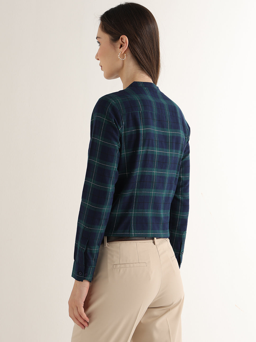 Hancock Women Navy Blue & Green Checked Pure Cotton Regular Fit Formal Top