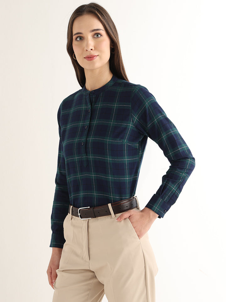 Hancock Women Navy Blue & Green Checked Pure Cotton Regular Fit Formal Top
