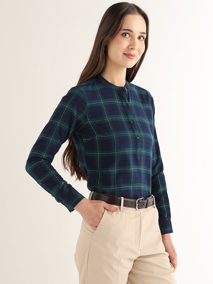 Hancock Women Navy Blue & Green Checked Pure Cotton Regular Fit Formal Top