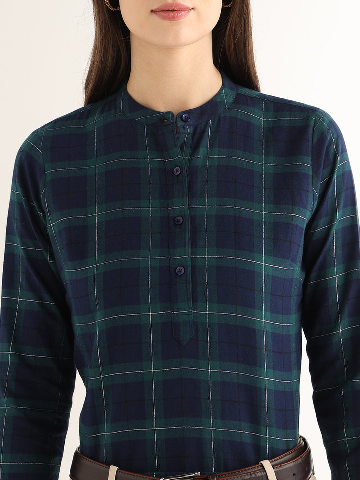 Hancock Women Navy Blue & Green Checked Pure Cotton Regular Fit Formal Top